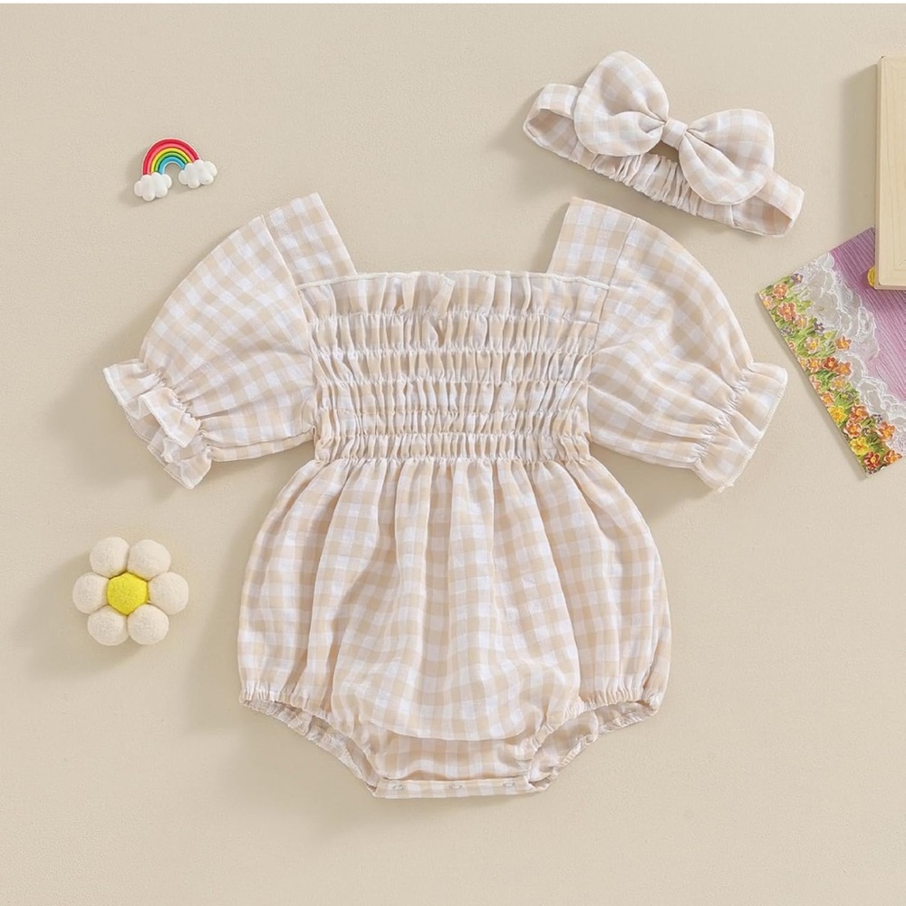 Plaid Beige Kids One Piece Bodysuit with Headband